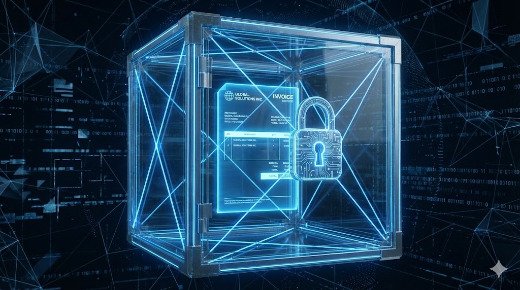 Futuristic digital safe containing an invoice protected by a glowing padlock, illustrating data security, GDPR compliance, and encryption in AI document processing.